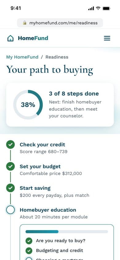 The readiness checklist on a phone: 3 of 8 steps done and homebuyer education in progress