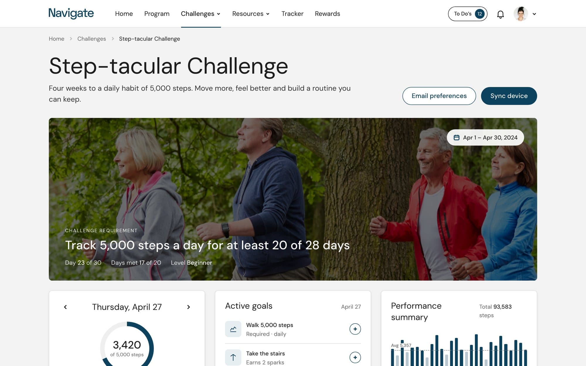 The refreshed challenge page: title and actions in a header, a photo with the requirement over it, and three equal stat cards