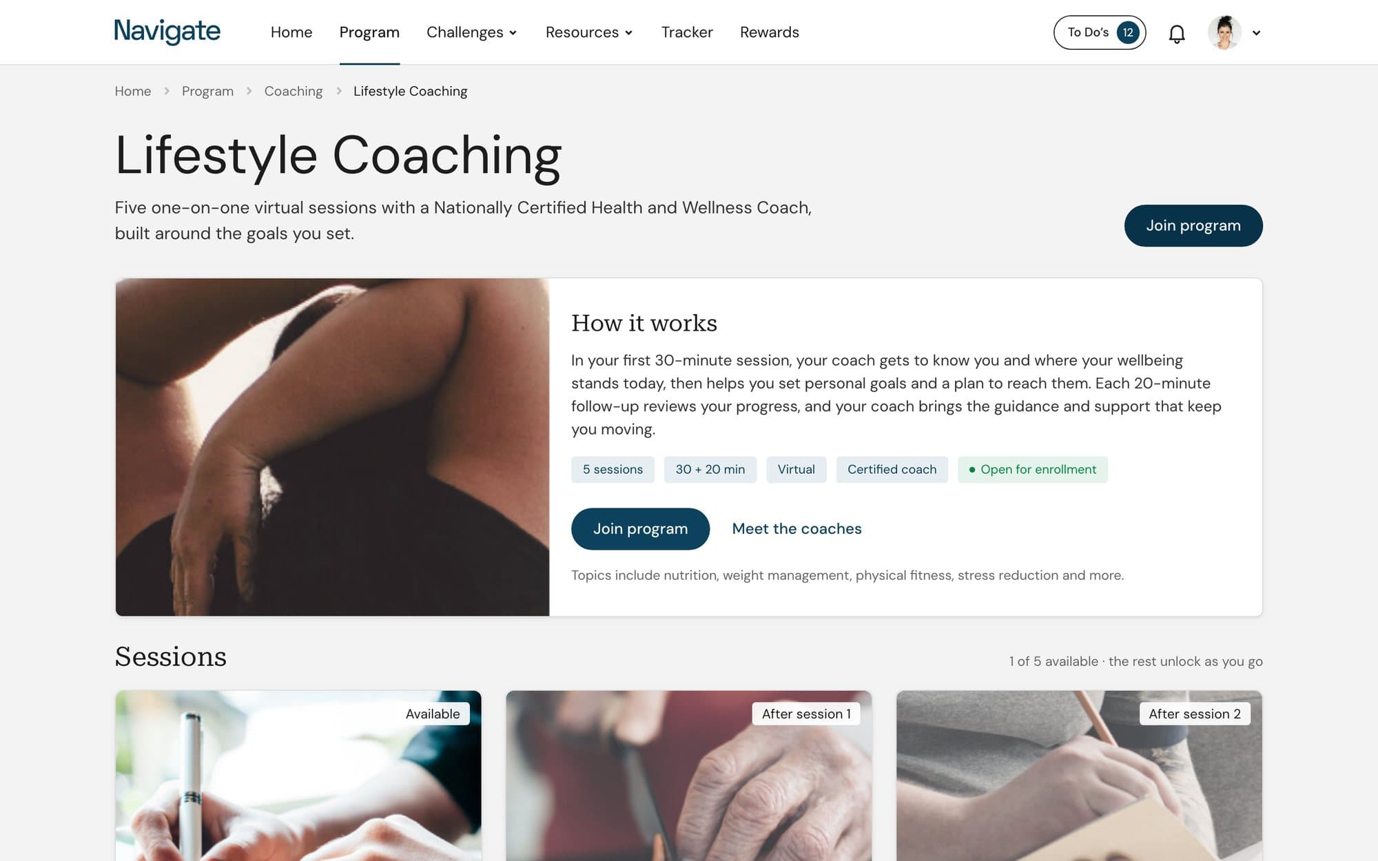 The refreshed Lifestyle Coaching page: a photo and How it works in one card, then three session cards