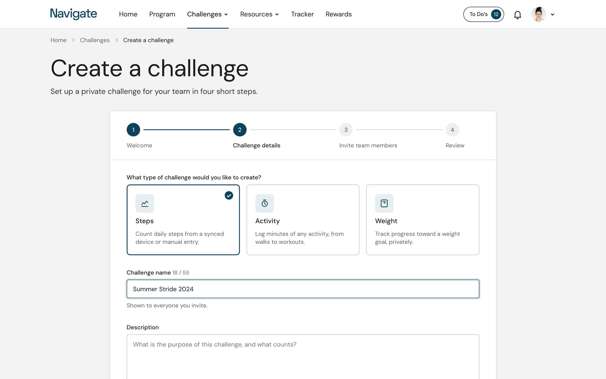 The refreshed challenge wizard at step 2: a stepper, three challenge-type cards with Steps selected, and the name field