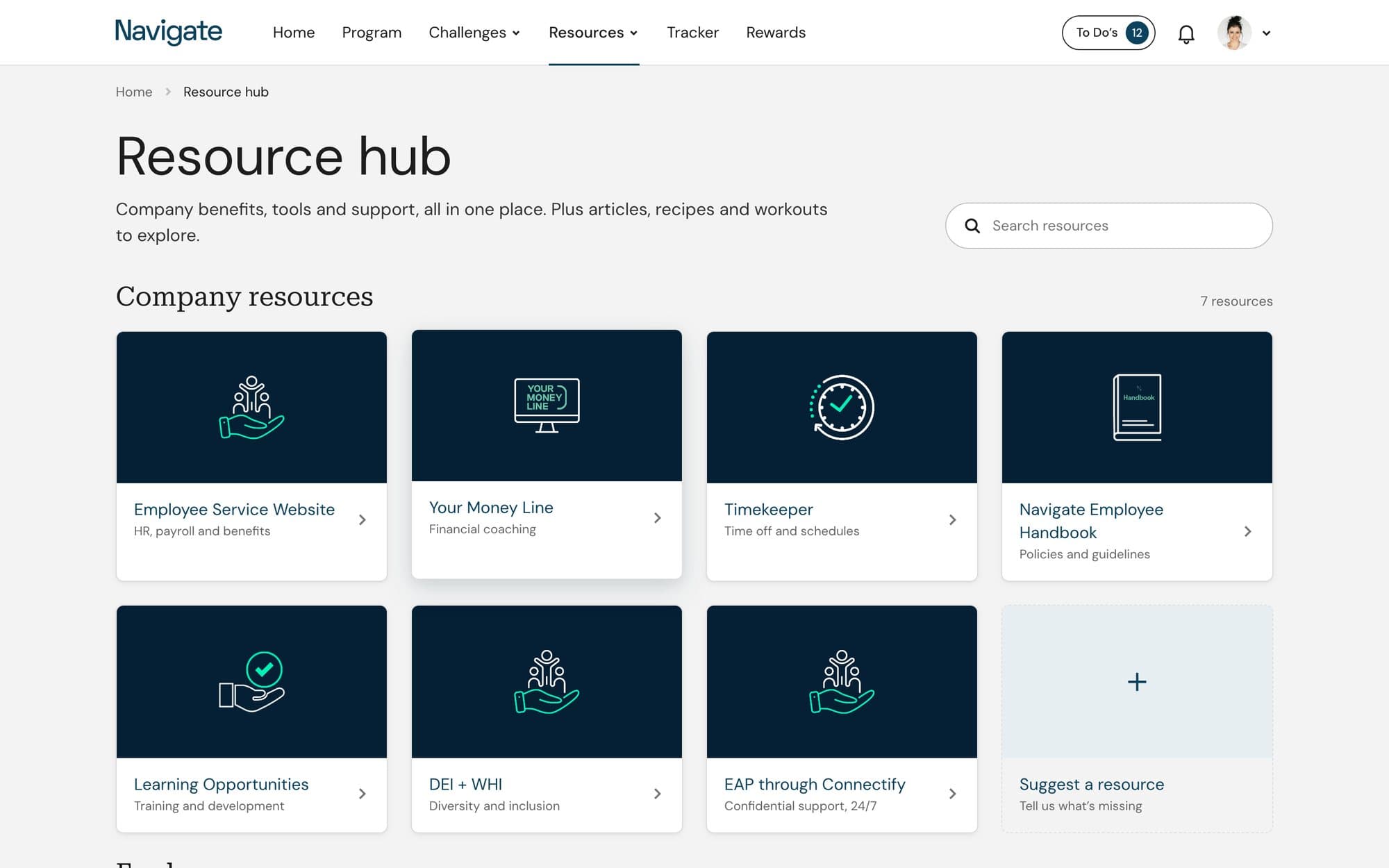 The refreshed resource hub: seven illustrated tiles on four columns and a Suggest a resource tile