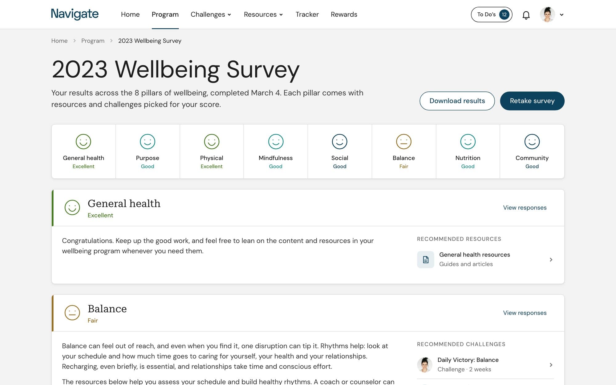 The refreshed survey results: a scorecard of eight pillars, then General Health with its rating, text and resources in two columns