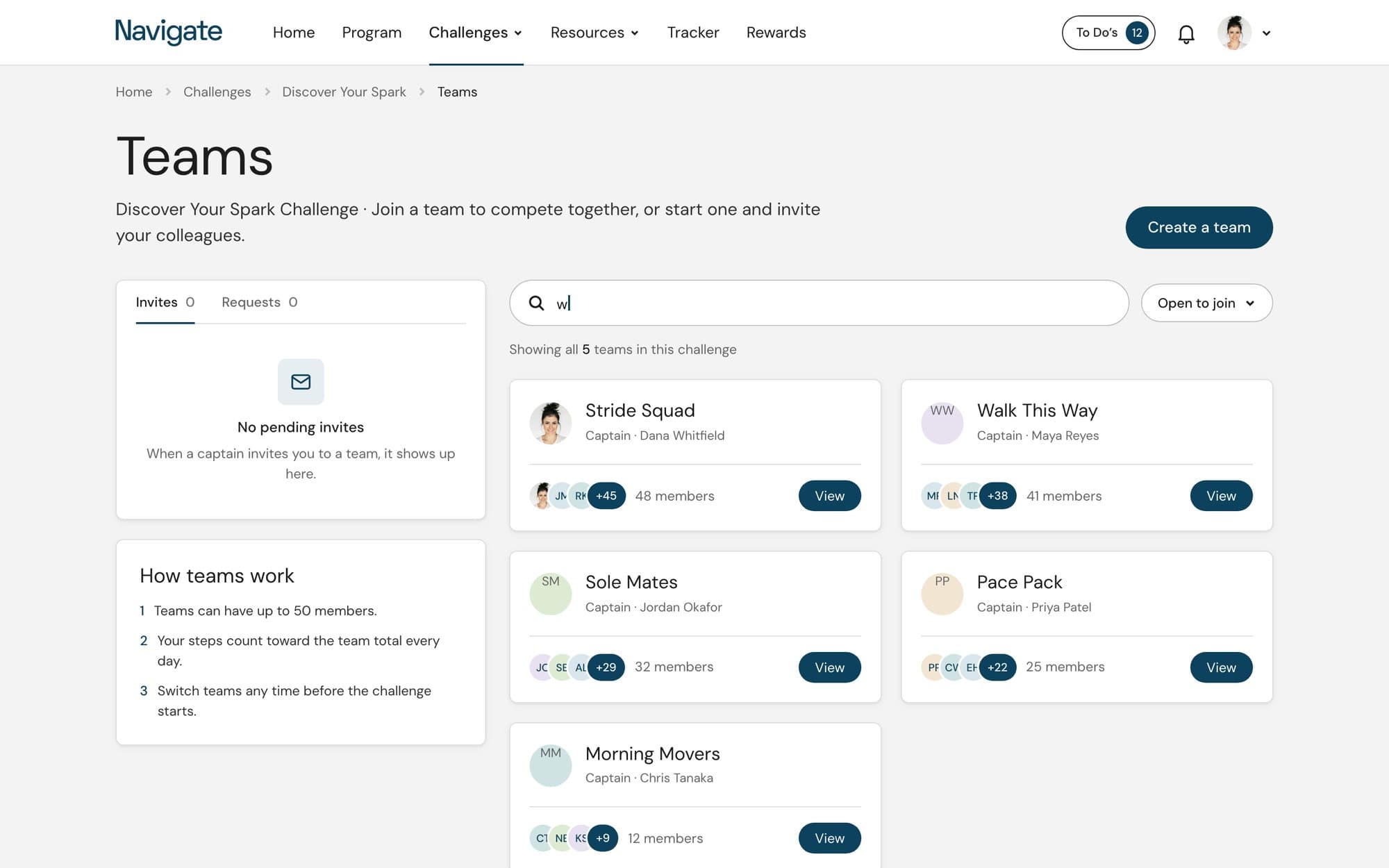 The refreshed teams page: invites panel at the left, search and five team cards at the right, Create a team in the header