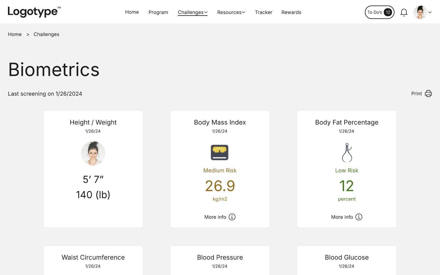 The original biometrics page: Last screening line, Print, and a grid of result cards