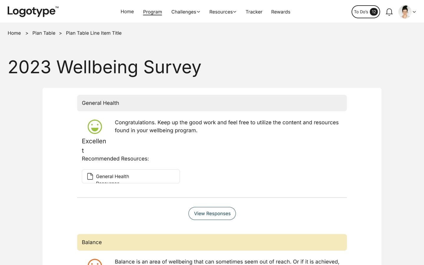 The original survey results: General Health band, a smiley with Excellent broken over two lines, and a resource box