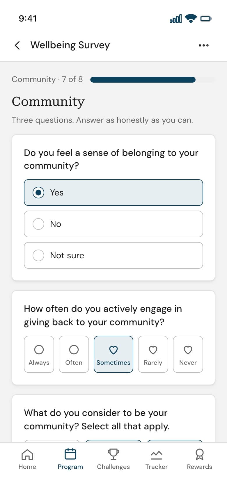 A survey question on a phone: Community, three questions with selectable tiles
