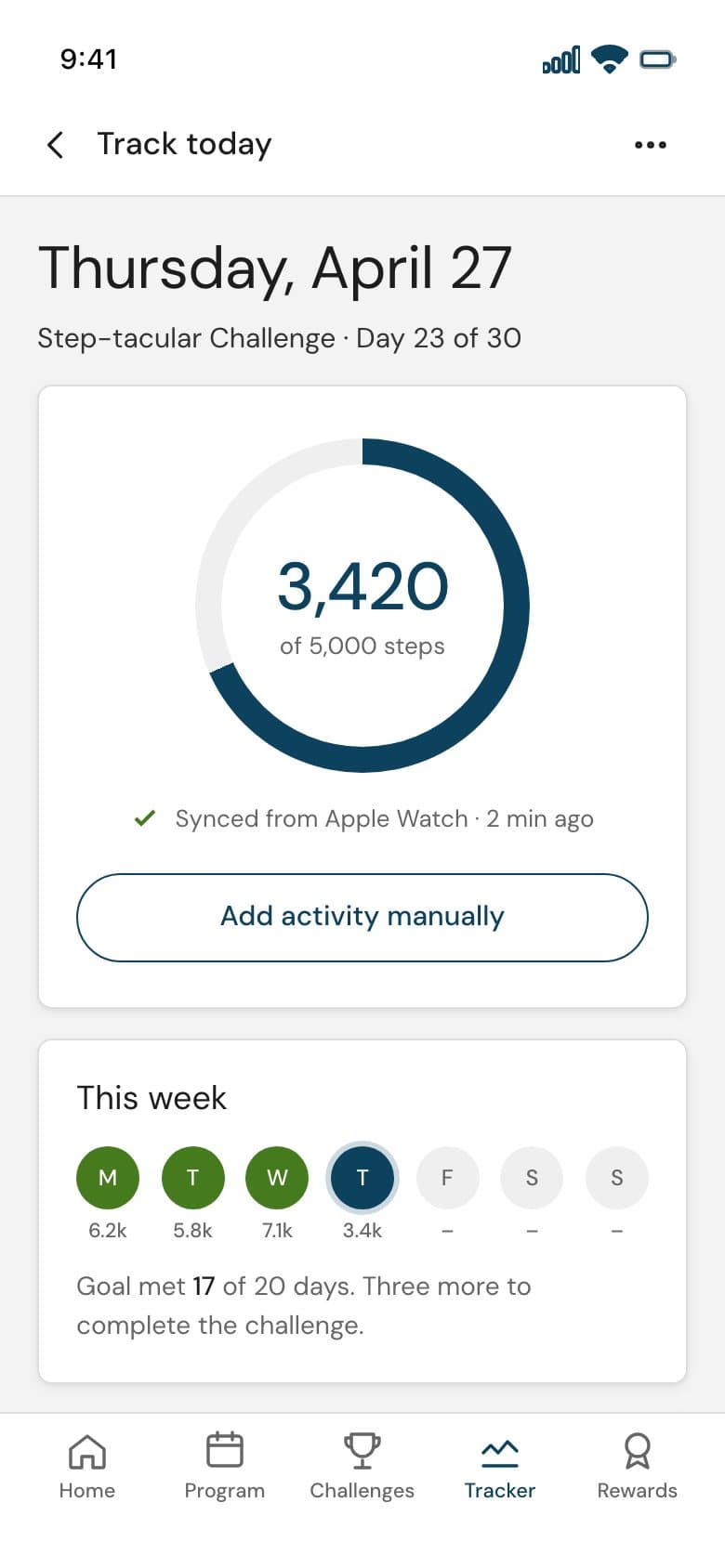 Track today on a phone: a ring at 3,420 of 5,000 steps, the week's days and four to-dos