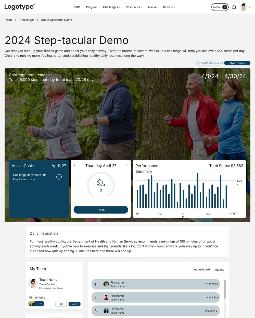 The original step challenge page: a photo hero with stat cards over it, a calendar whose weekday labels wrap letter by letter, and a long block of challenge text