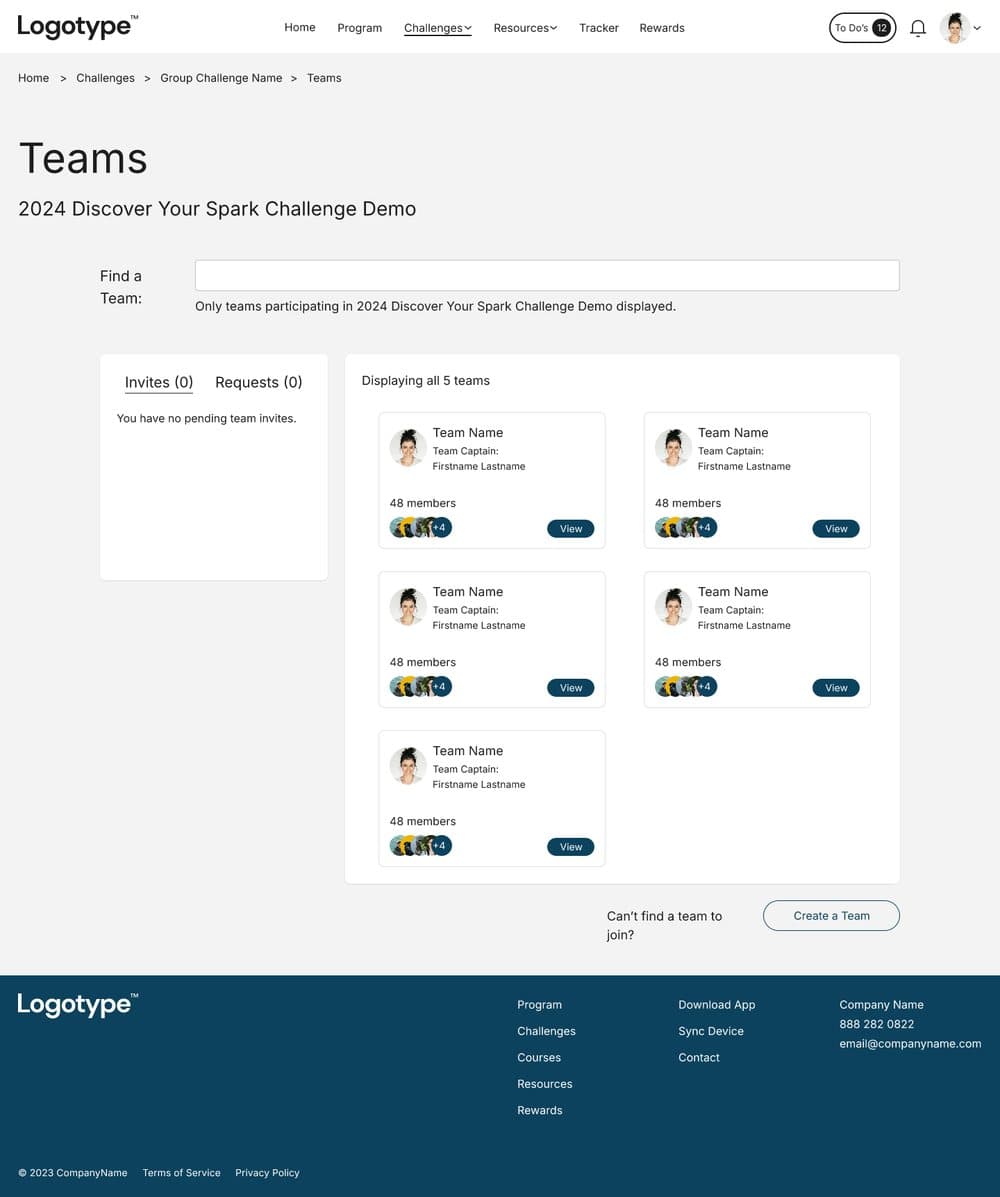 The original teams index: a large Teams heading, a Find a Team field, an empty invites panel and five team cards with small View buttons