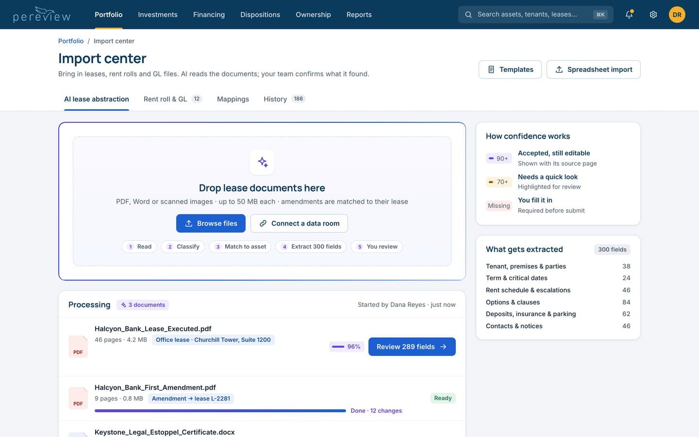 The redesigned import center: a drop zone with the five-step pipeline, three documents processing with progress, and a guide to confidence