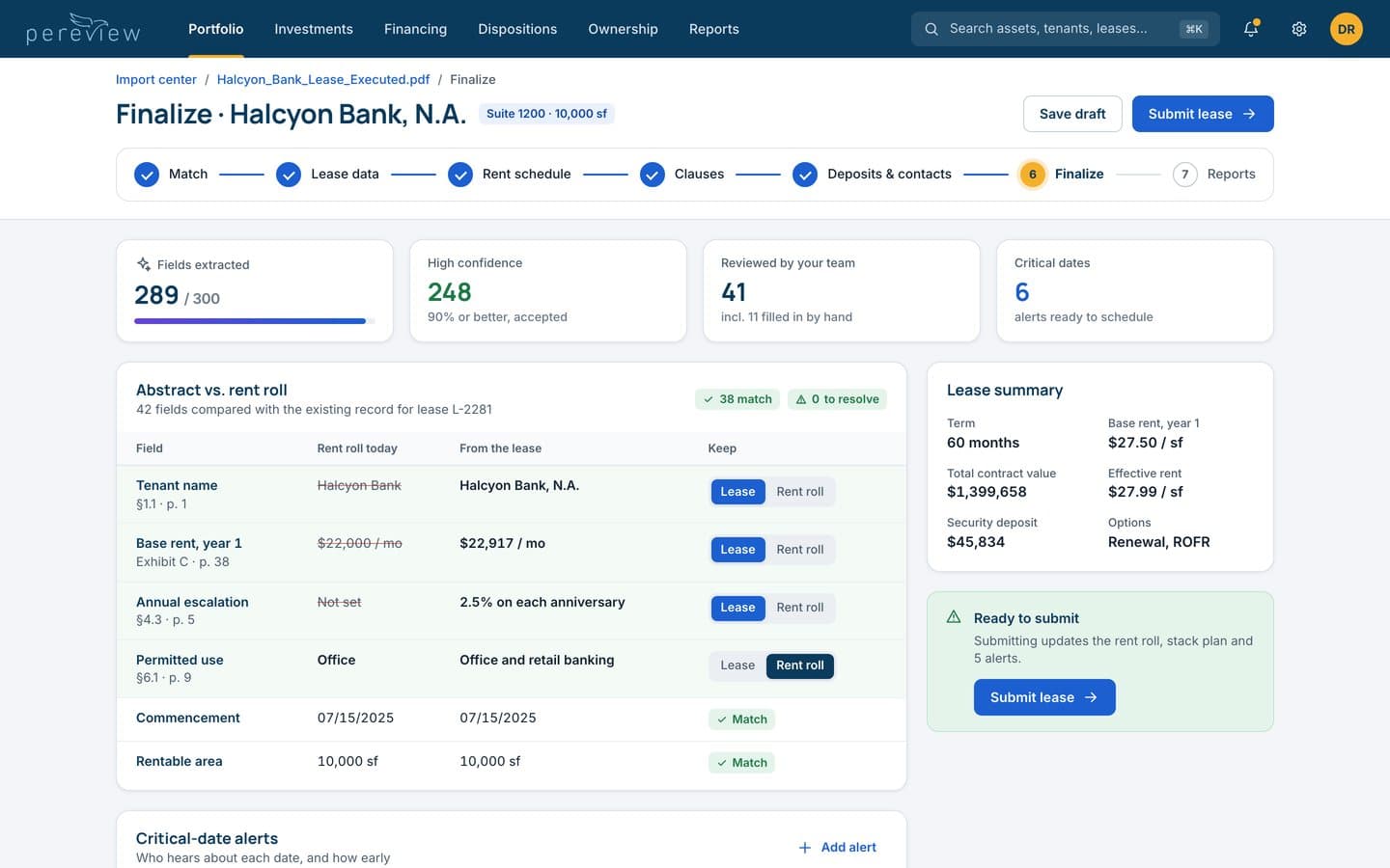 The redesigned finalize step: the abstract compared with the rent roll, four differences resolved with Lease or Rent roll choices, and a ready to submit panel