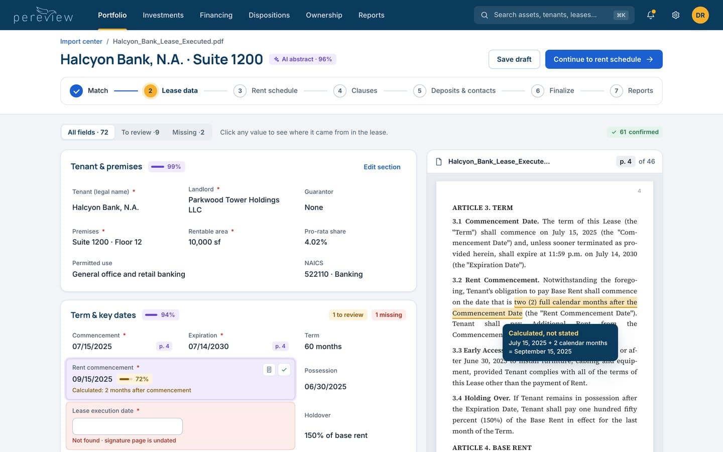 The redesigned review: fields on the left with page links and a highlighted rent commencement, and the lease open beside them at section 3.2