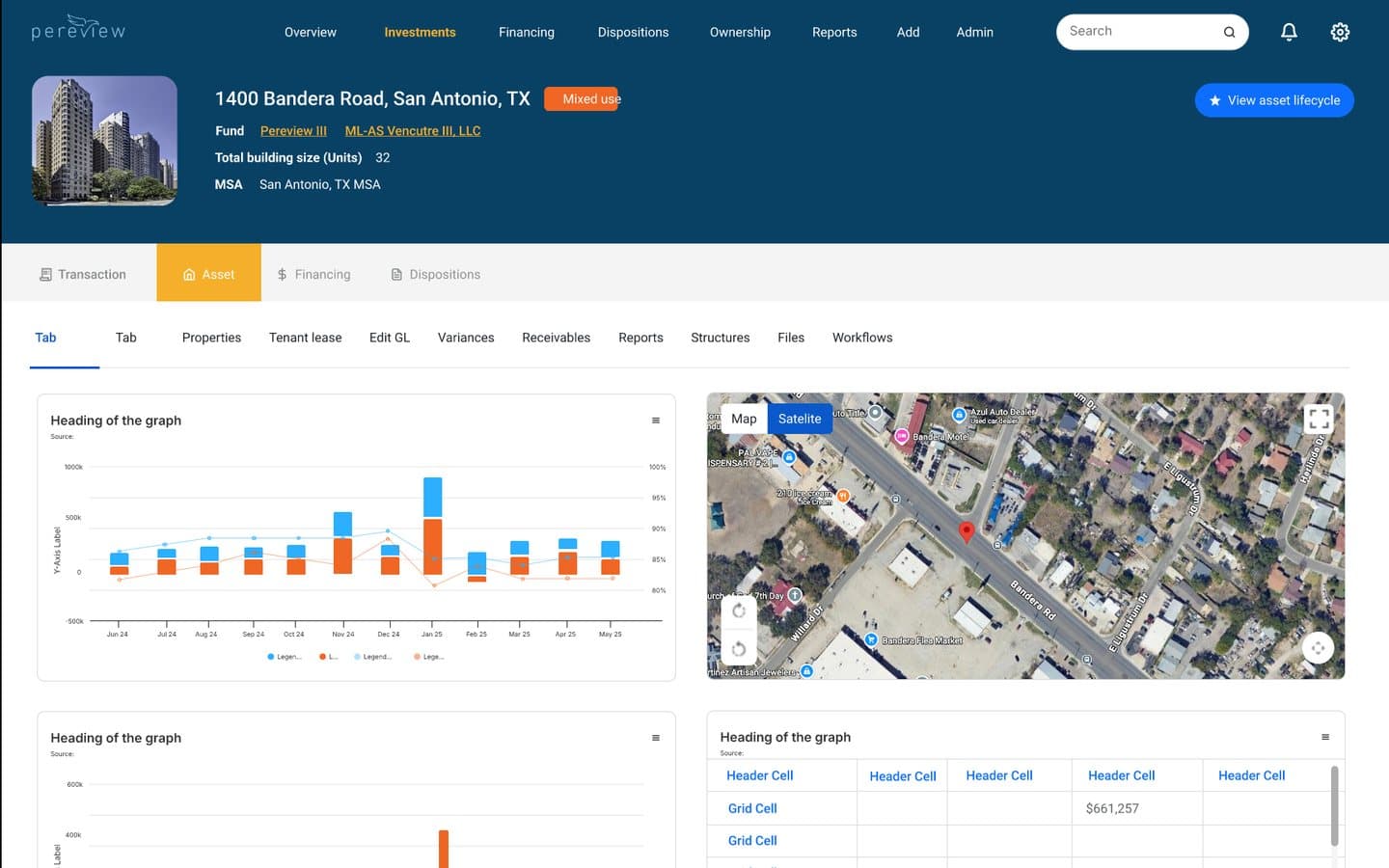 The original asset page: a dark blue header with a building photo, two rows of tabs and a grid of placeholder charts titled Heading of the graph