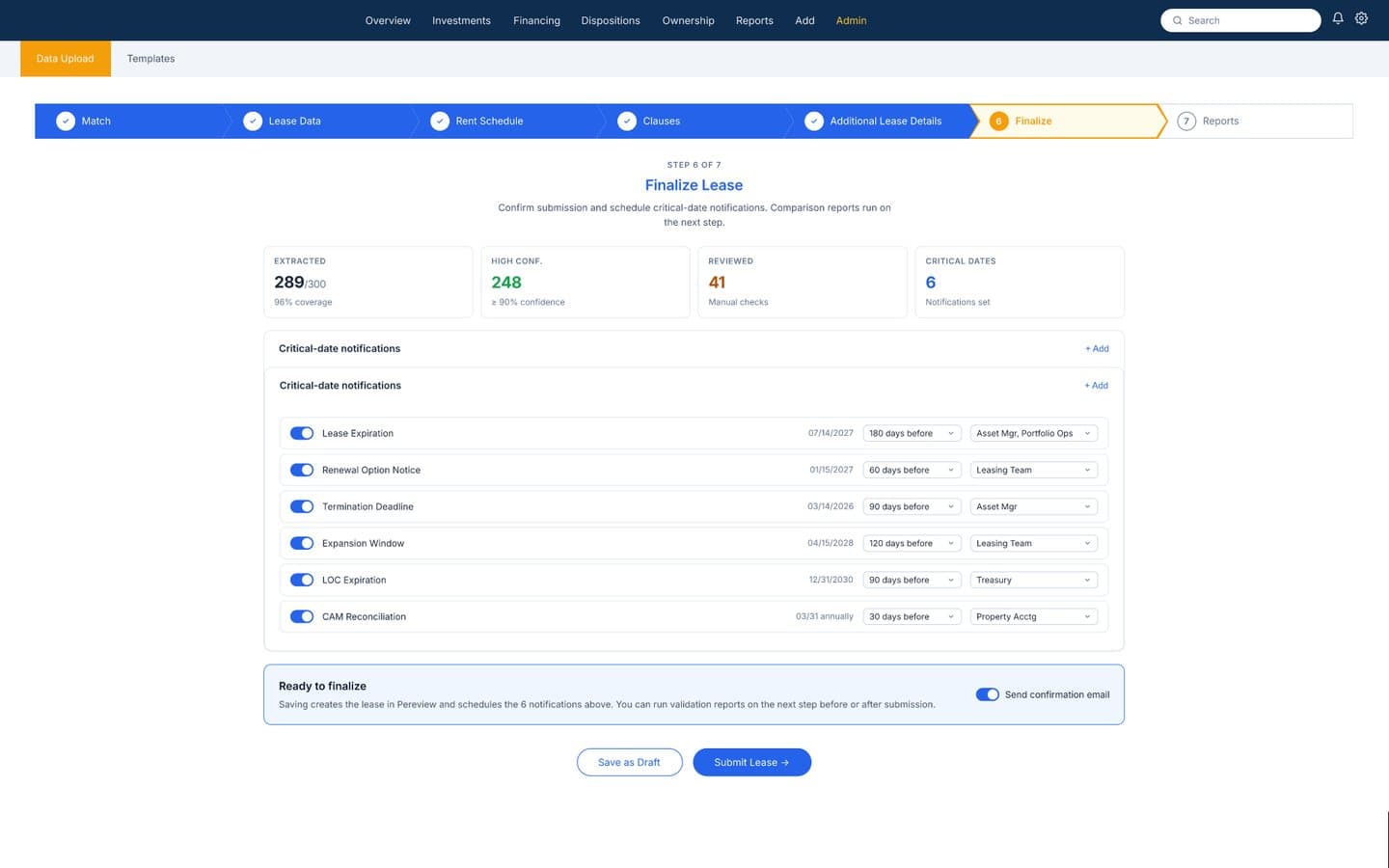 The original finalize step: four count cards and a list of critical-date notifications with toggles, day dropdowns and team dropdowns