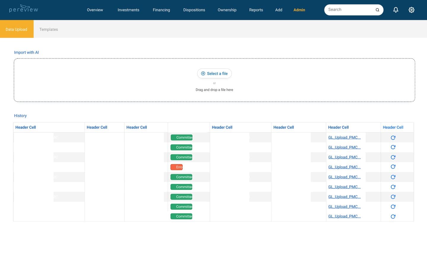 The original data upload: a dashed drop zone with a Select a file button above a history table of Committed and Error badges