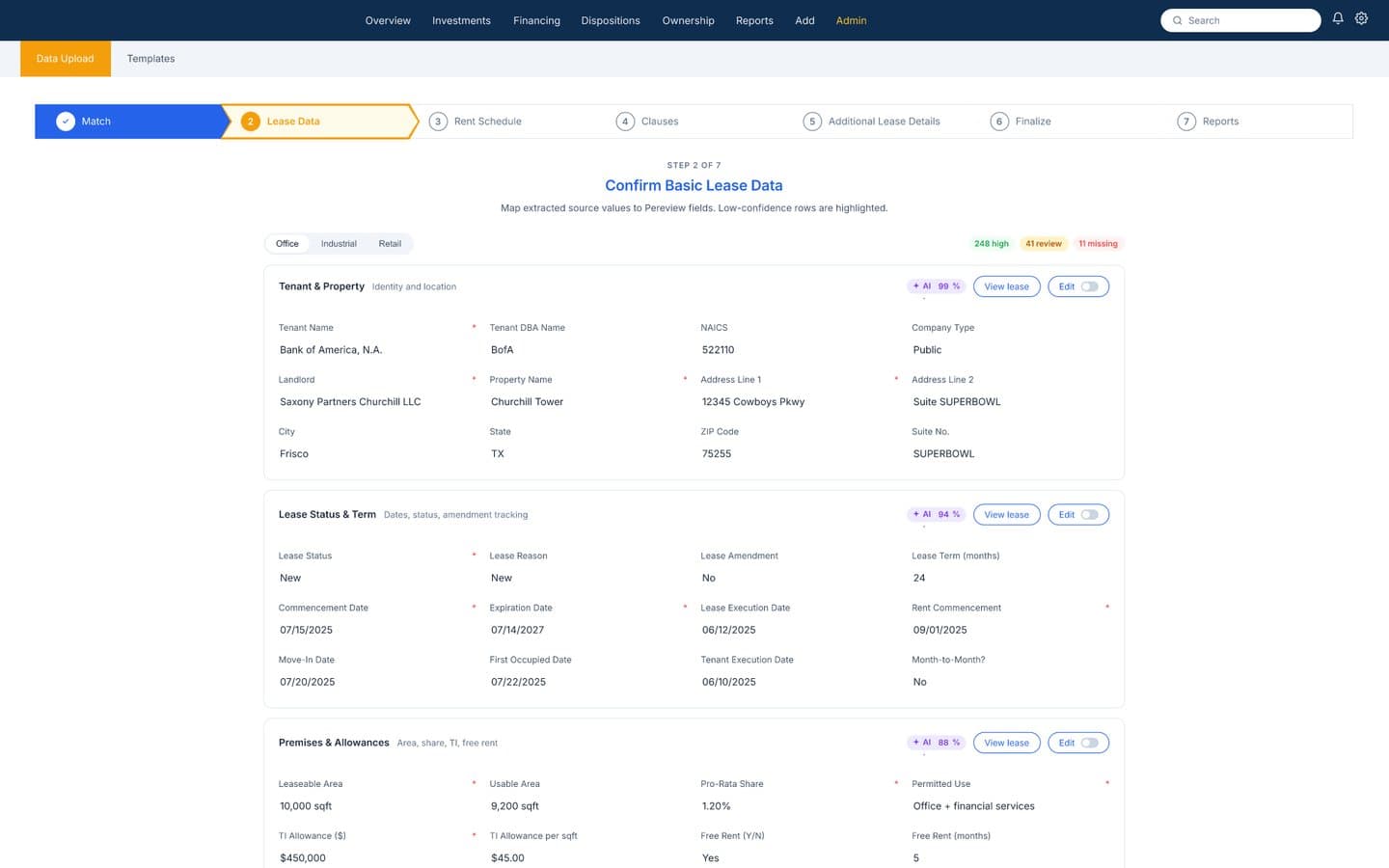 The original lease data step: a seven-step arrow bar and cards of extracted fields with an AI percentage and View lease and Edit buttons per section