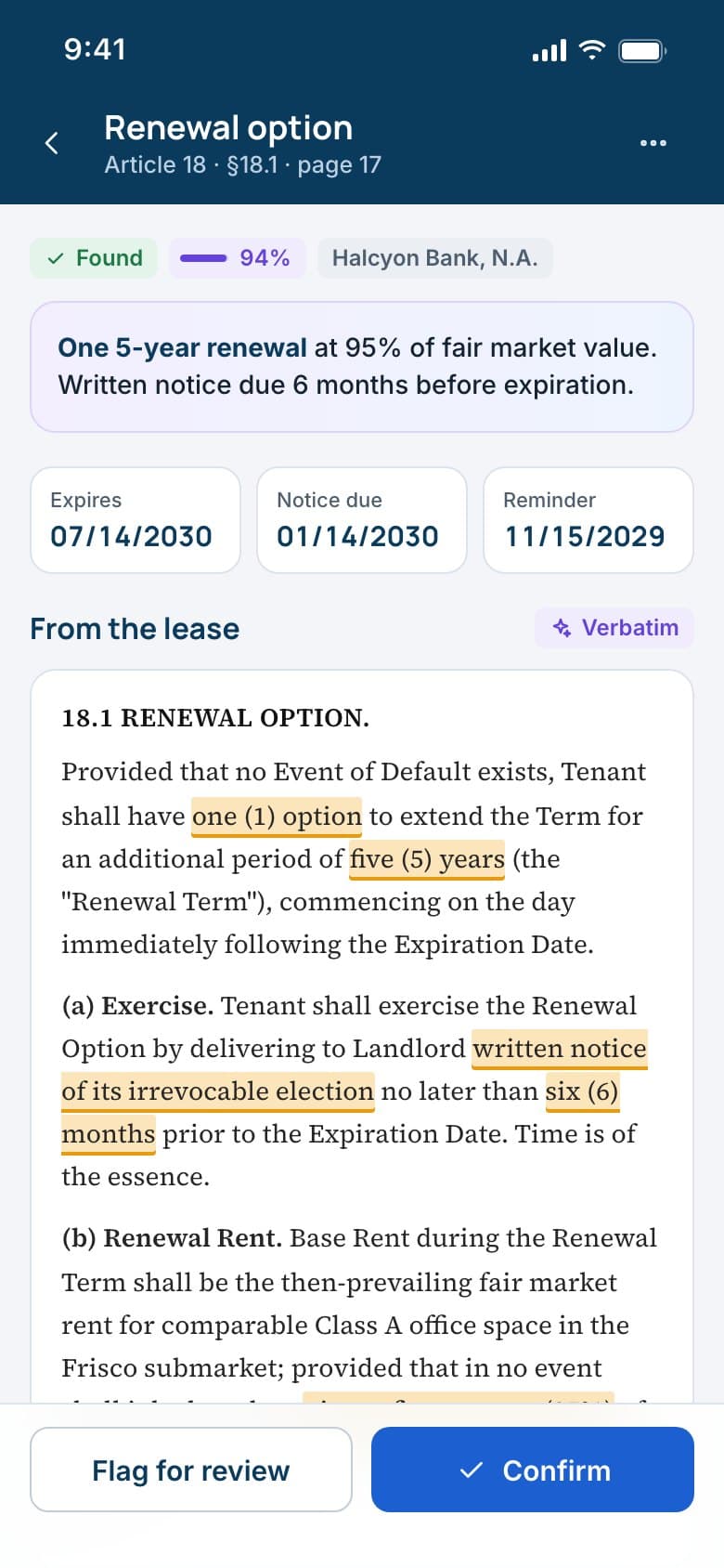 The renewal option on a phone: expires, notice due and reminder dates above the clause text with highlights