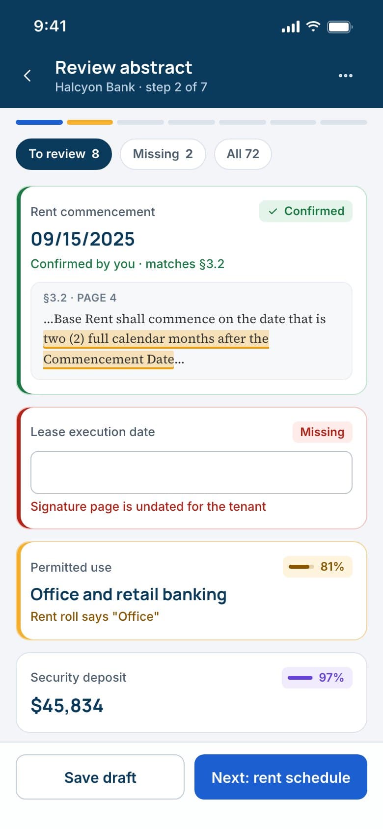 Reviewing on a phone: rent commencement confirmed with the clause quoted, and the lease execution date entered