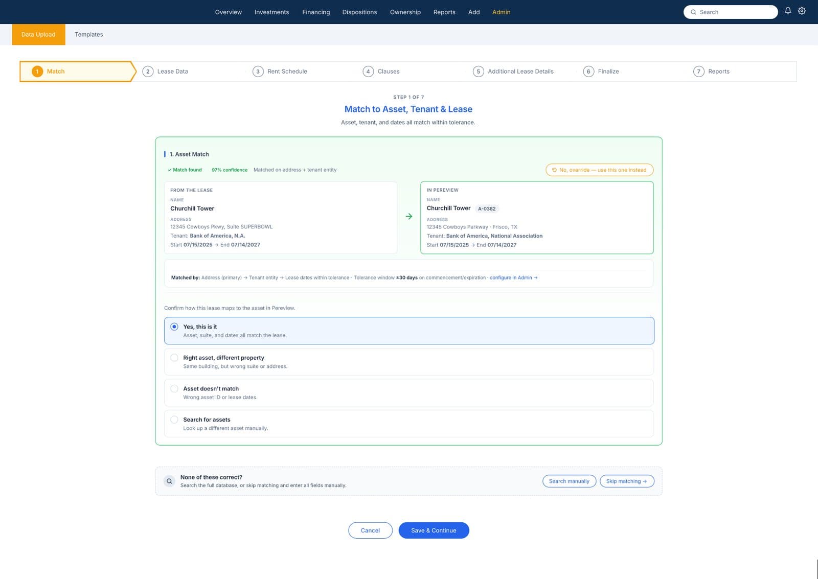 The original AI match step: the lease and the Pereview record side by side with a 97% confidence badge and four radio options