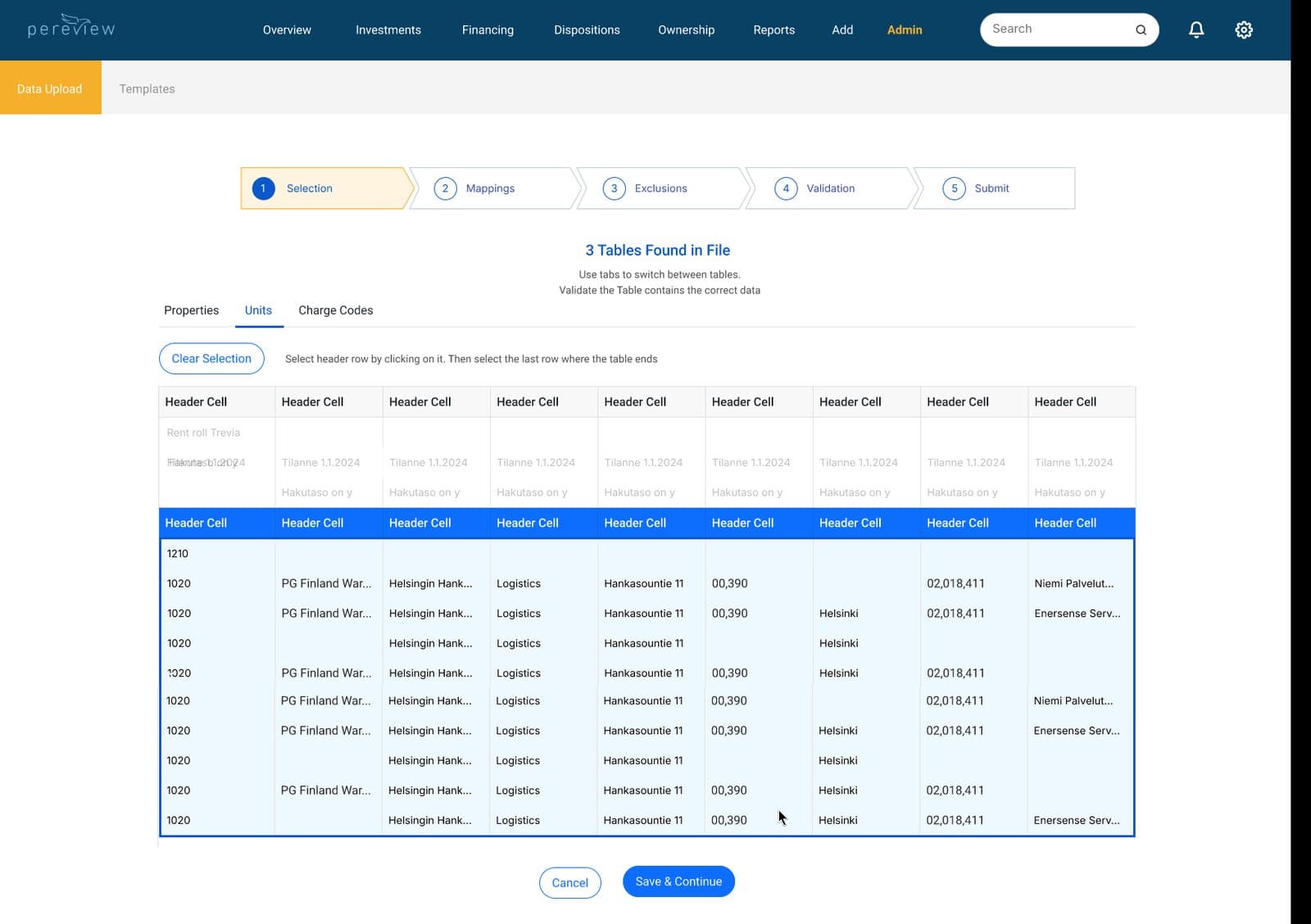 The original import selection step: a table of rows with one row highlighted in blue and the instruction to select the header row by clicking on it
