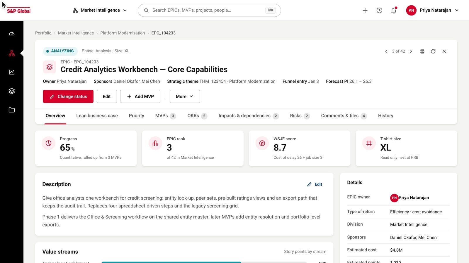 The refreshed EPIC overview: breadcrumb, a header card with state, title, owner and grouped actions, tabs with counts, four KPI tiles and a description card beside a details column