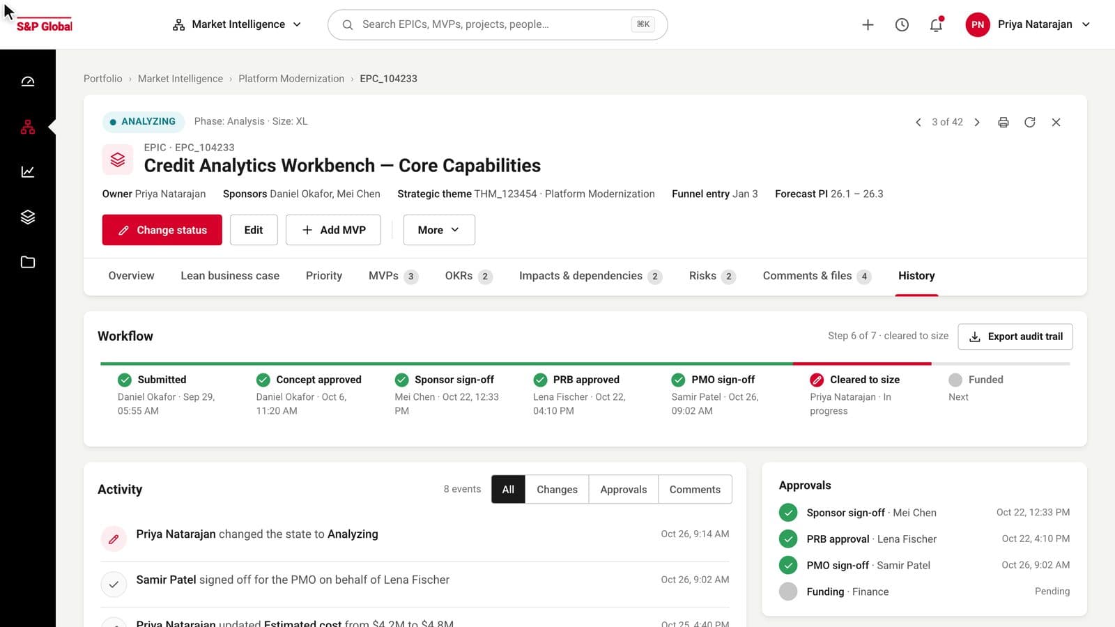 The refreshed History tab: a workflow strip with green done steps and a red current step, an activity log with icons, an approvals card and system data