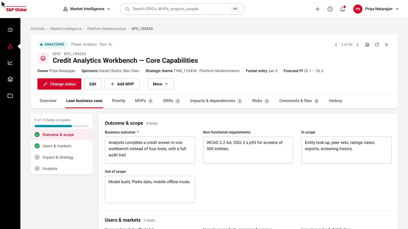 The refreshed Lean Business Case: four grouped sections of labelled text areas, a table of contents with completion ticks, and a footer with Preview for PRB and Save
