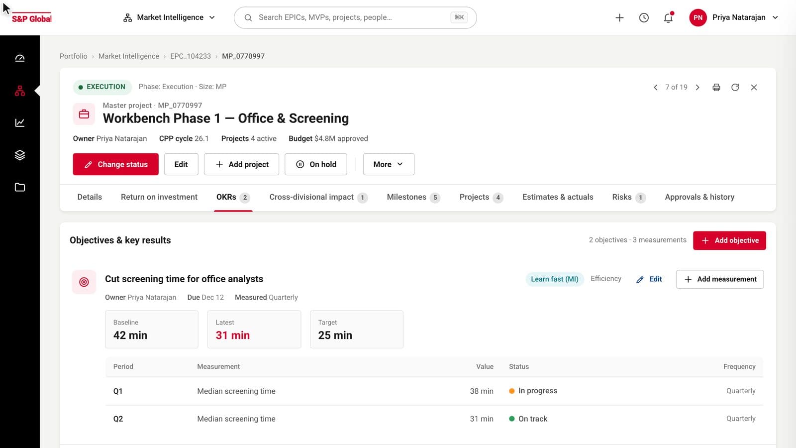 The refreshed master project OKRs tab: one red Change status button, Edit, Add project and On hold, a More menu, and each objective shown with baseline, latest and target
