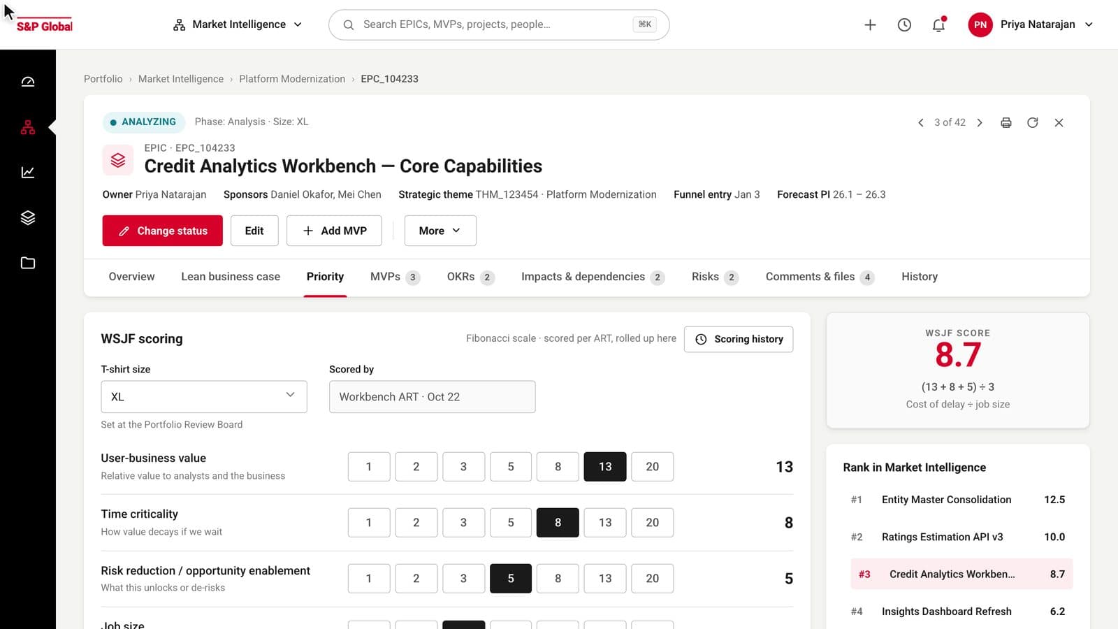 The refreshed Priority tab: four scoring rows with a seven-value scale each, the score formula in a panel, and a ranked list of EPICs with this one highlighted