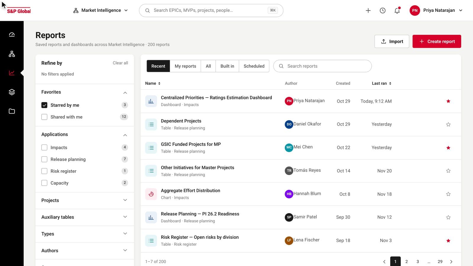 The refreshed Reports hub: a filter panel with checkbox lists and counts, a segmented control for Recent, My reports and All, and a table with report type under each name and the last run on the right