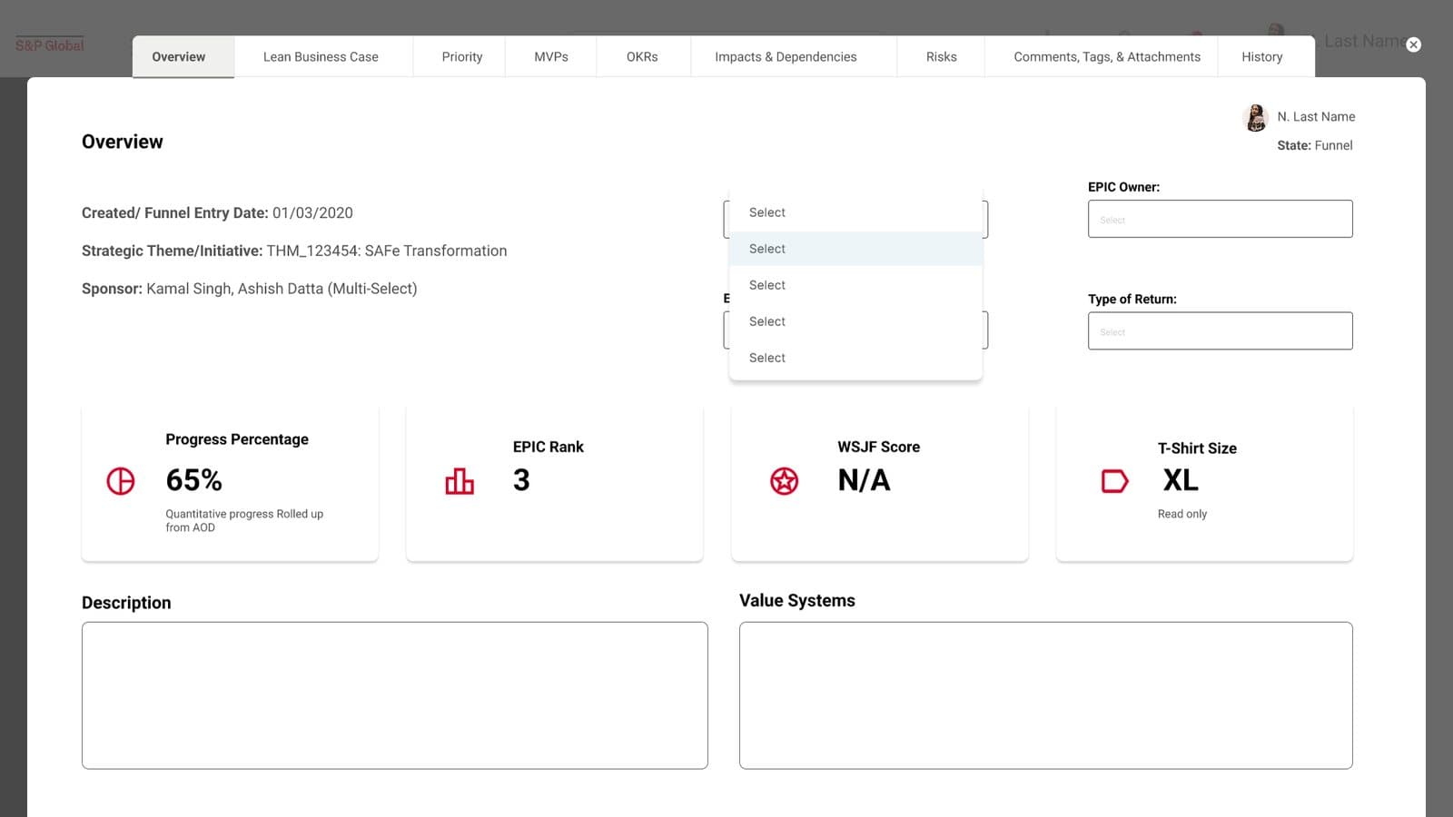 The original EPIC overview: a modal with a floating tab strip, three plain text rows, dropdowns reading Select, and four KPI boxes