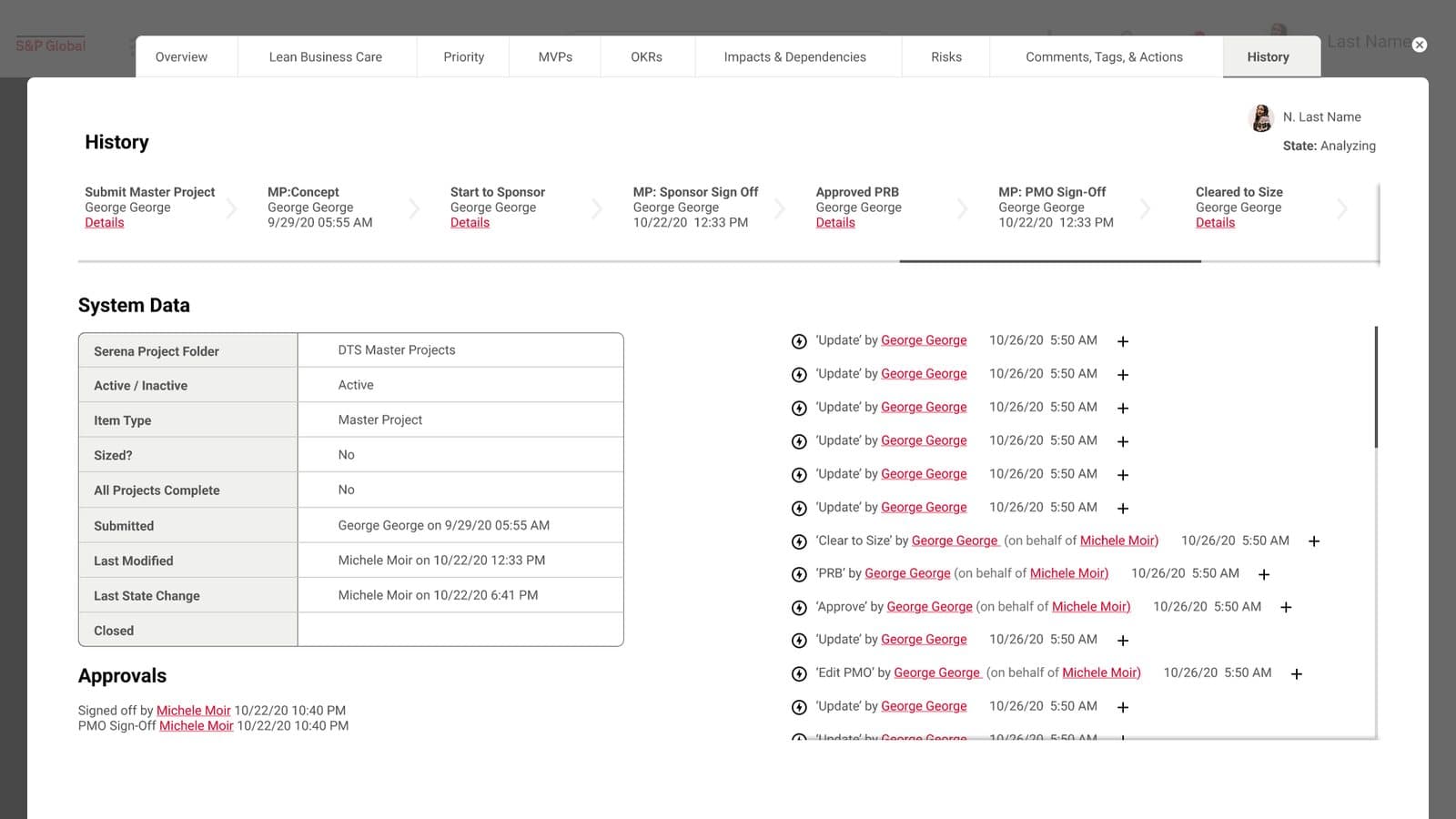 The original History tab: a horizontal strip of approval steps with red Details links, a system data table and a column of Update events