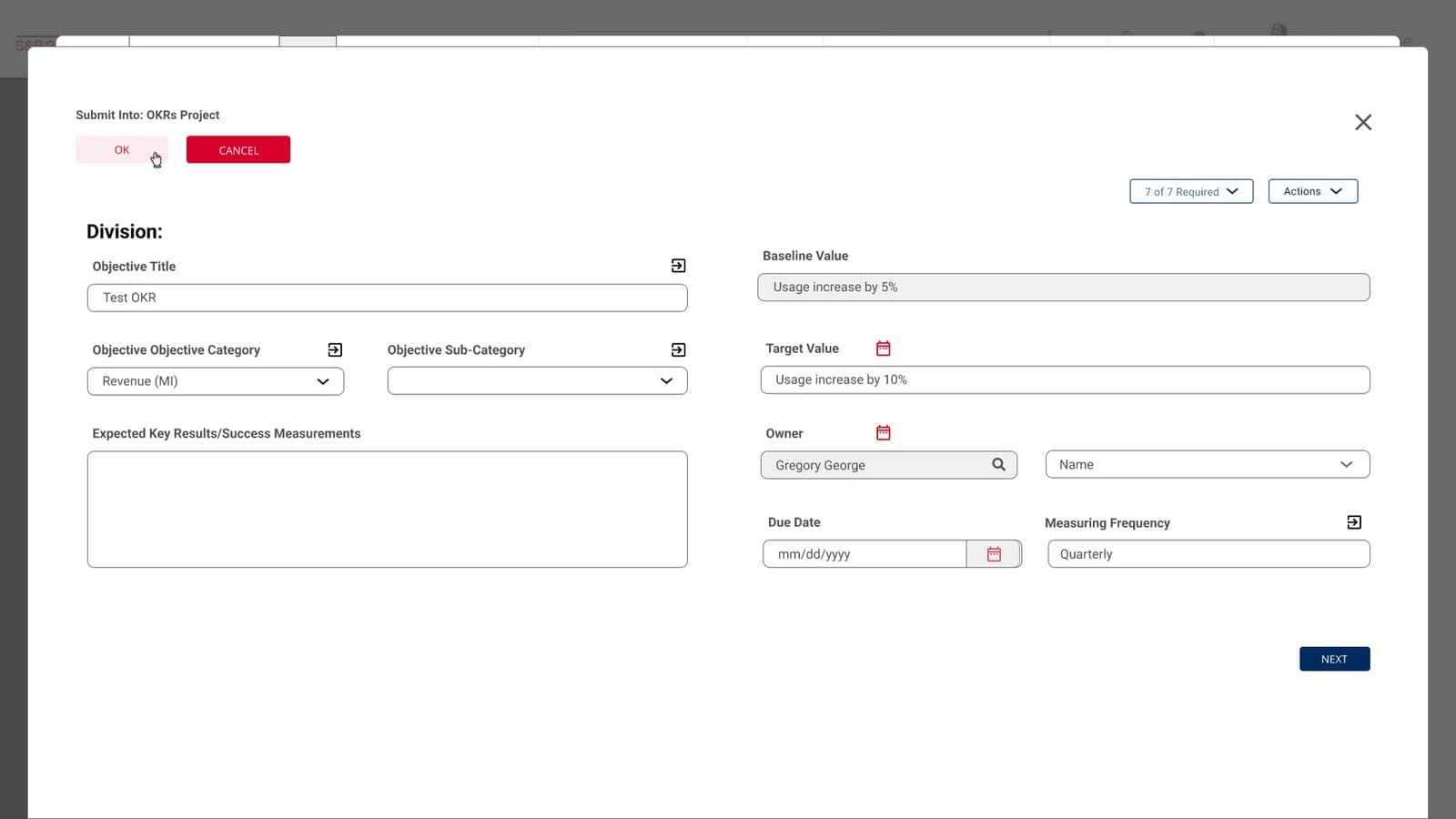 The original Add Objective dialog: a full-screen form with OK and Cancel at the top left, fields in two columns and a Next button at the bottom right