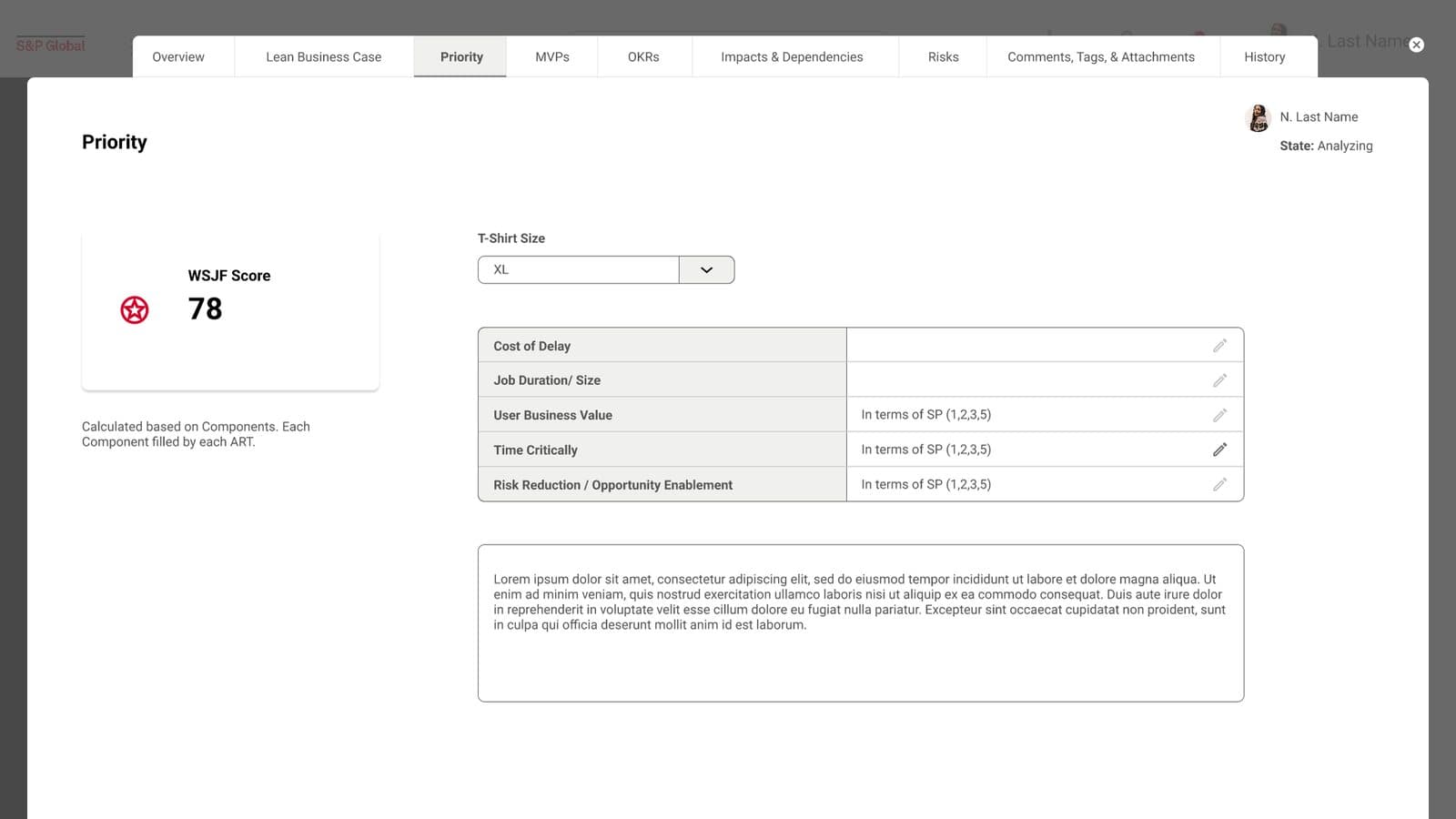 The original Priority tab: a WSJF score card, a T-shirt size dropdown, a five-row table with pencil icons and a lorem ipsum paragraph