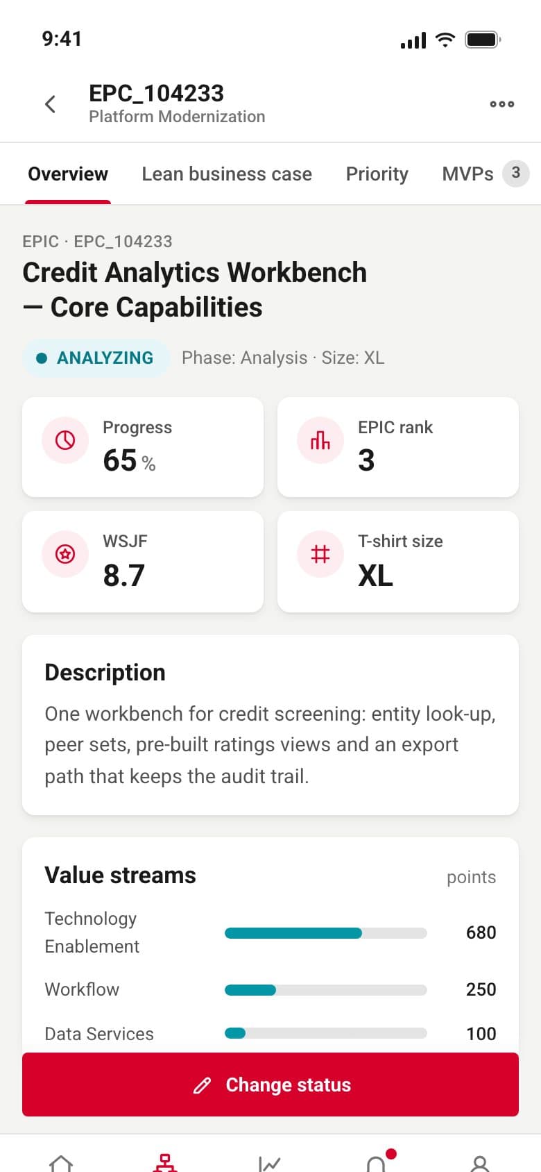 An EPIC record on a phone: ID, title, state, four KPI tiles, description and value streams