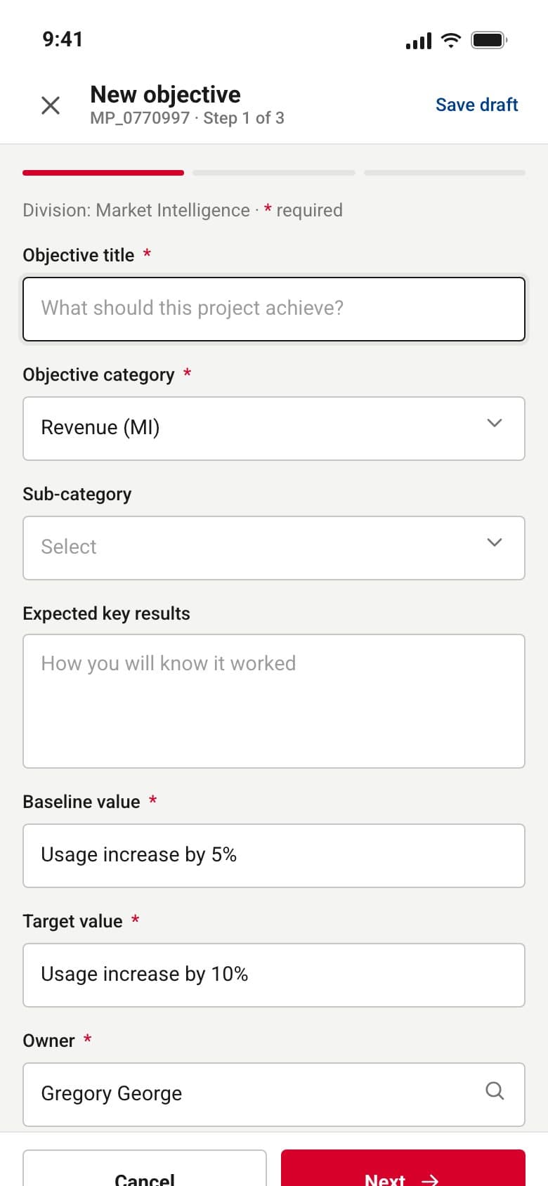 The new objective form on a phone: a step bar, labelled fields and Cancel and Next fixed at the bottom