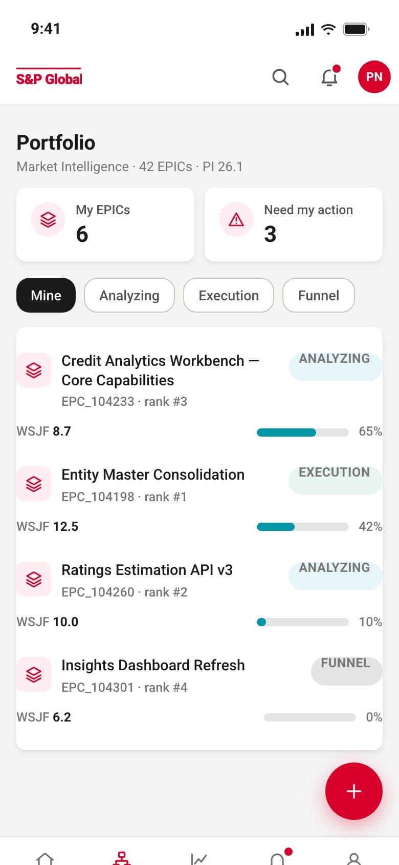 The Portfolio home on a phone: two KPI tiles, filter chips and a list of EPICs with state pills and progress bars