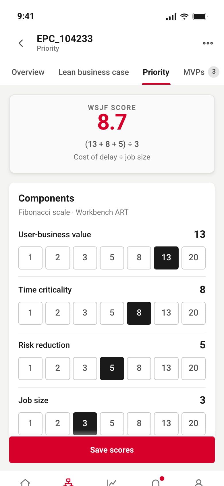WSJF scoring on a phone: the score panel, four component rows with scale buttons, and a rank list