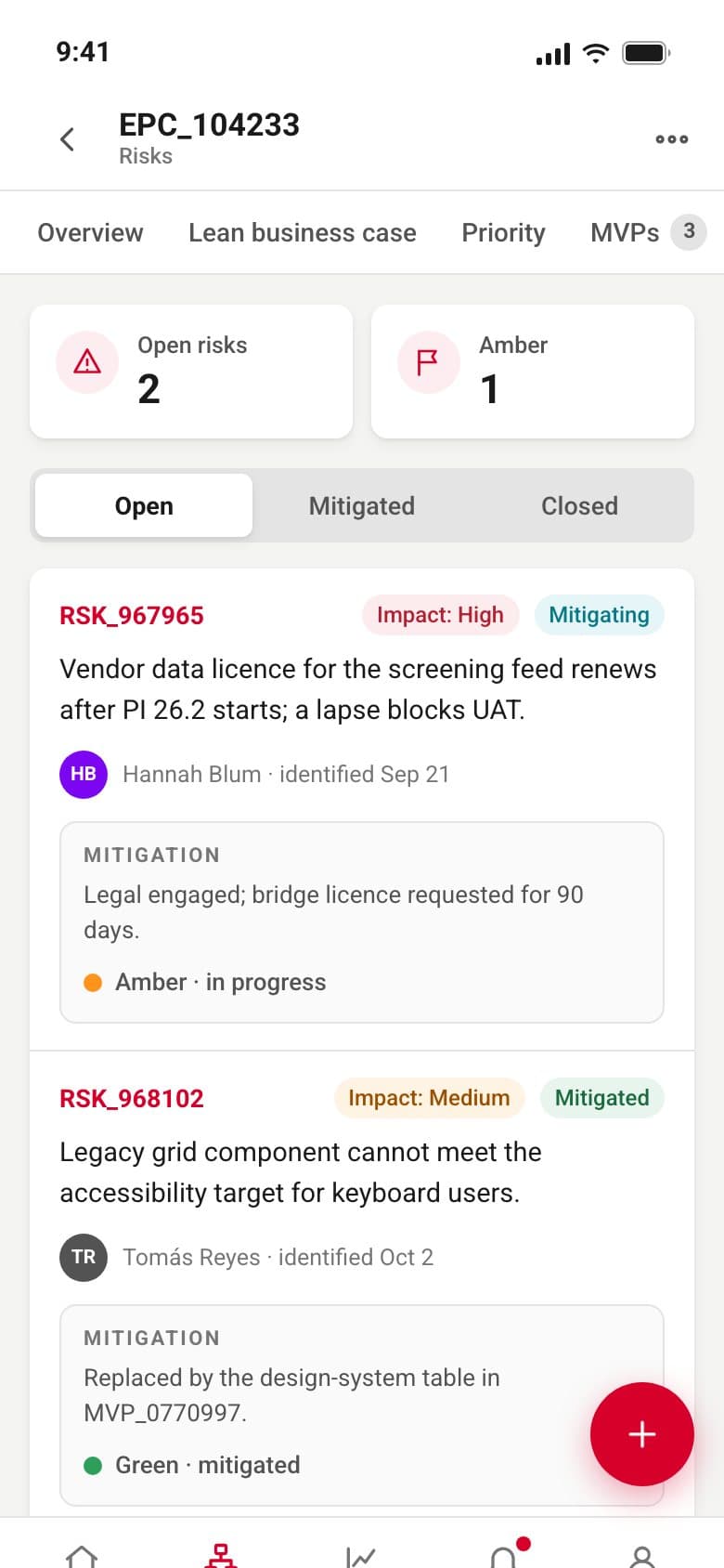 The risks tab on a phone: two KPI tiles, an Open, Mitigated, Closed segmented control, and two risk cards with mitigation