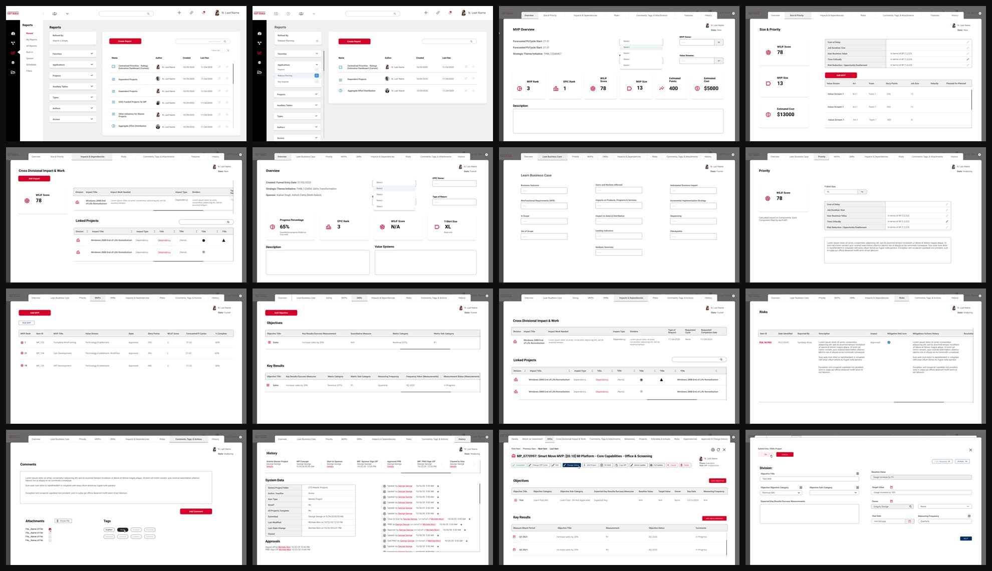 Sixteen original screens laid out in a grid: the Reports hub, the EPIC record's nine tabs, three MVP tabs and two master project views, all white panels with a red button and a black side rail