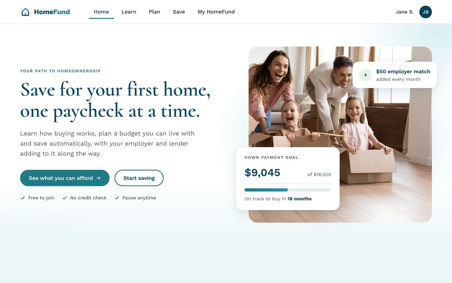 The designed home page: Learn, Plan, Save menu, a serif headline, two buttons and a photo with a savings goal card