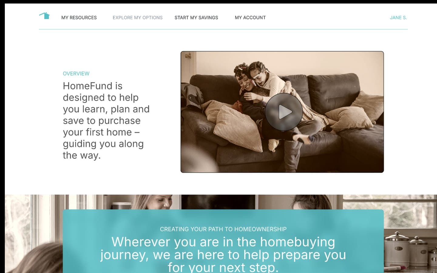 The concept home page: small capital menu labels, a light blue overview label and a video