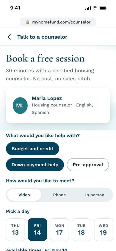 Booking a counselor session on a phone: topics, meeting type, a day and a time
