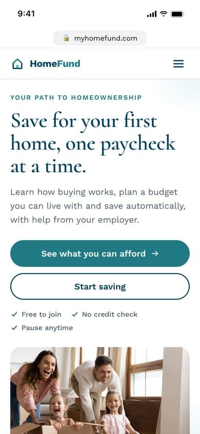 The designed home page on a phone: a serif headline, two full-width buttons and trust points