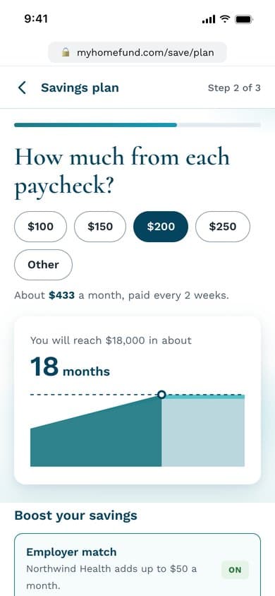 The savings plan on a phone: amount chips, a projection of 18 months and the boosts
