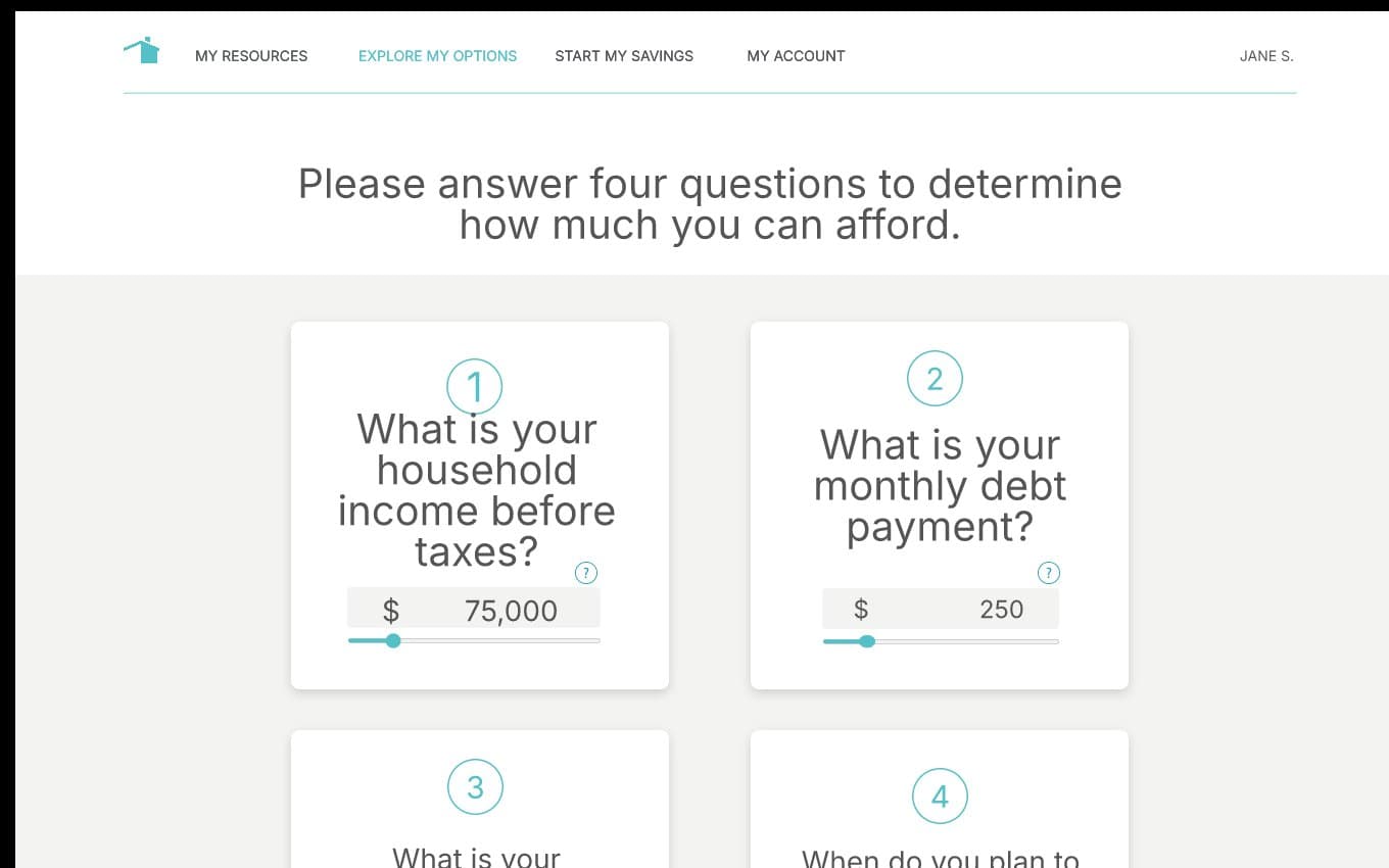 The concept affordability calculator: four numbered question cards with small sliders, under the line Please answer four questions to determine how much you can afford